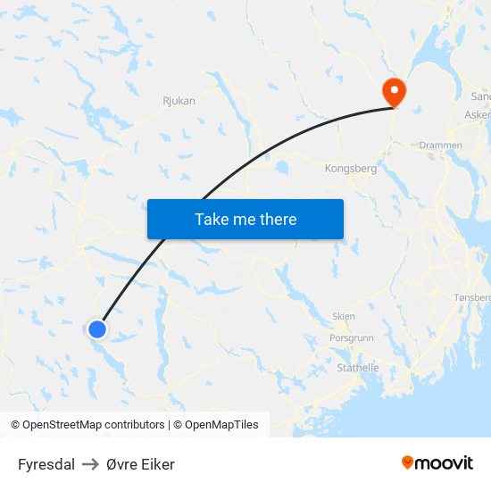 Fyresdal to Øvre Eiker map