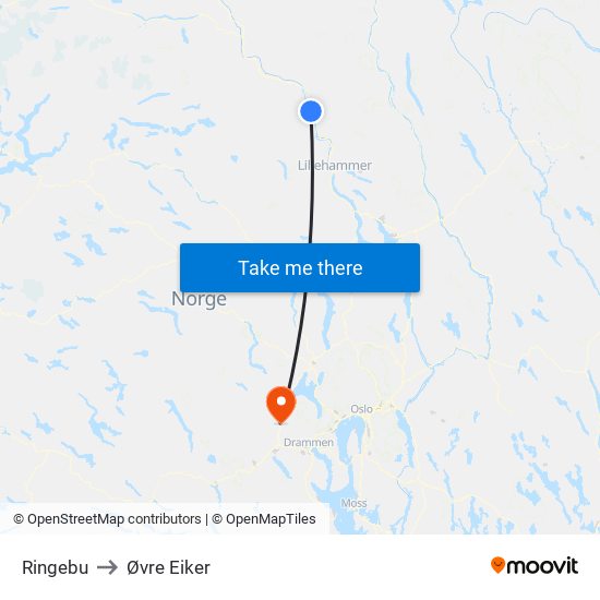 Ringebu to Øvre Eiker map