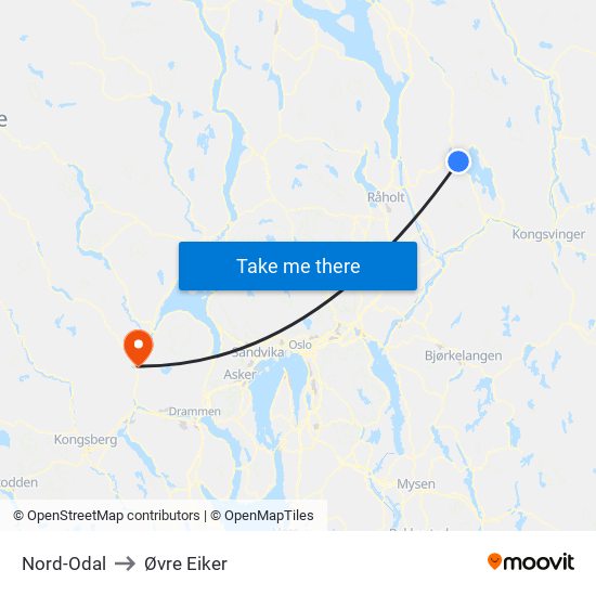 Nord-Odal to Øvre Eiker map
