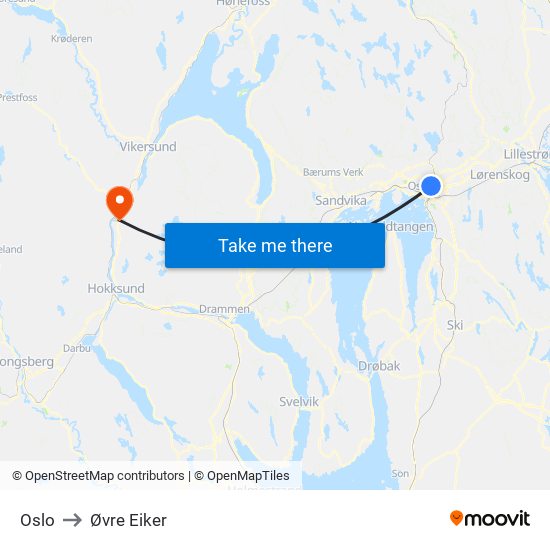 Oslo to Øvre Eiker map