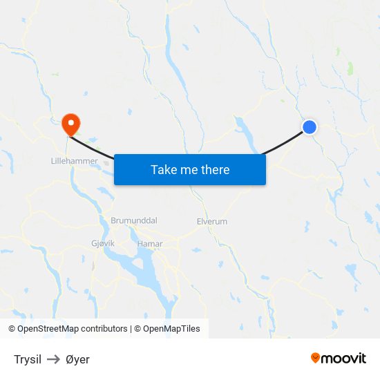 Trysil to Øyer map
