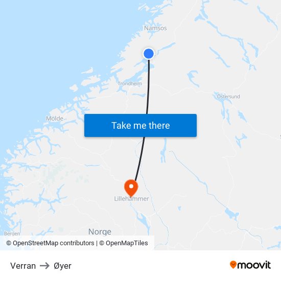 Verran to Øyer map