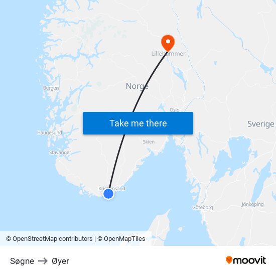 Søgne to Øyer map