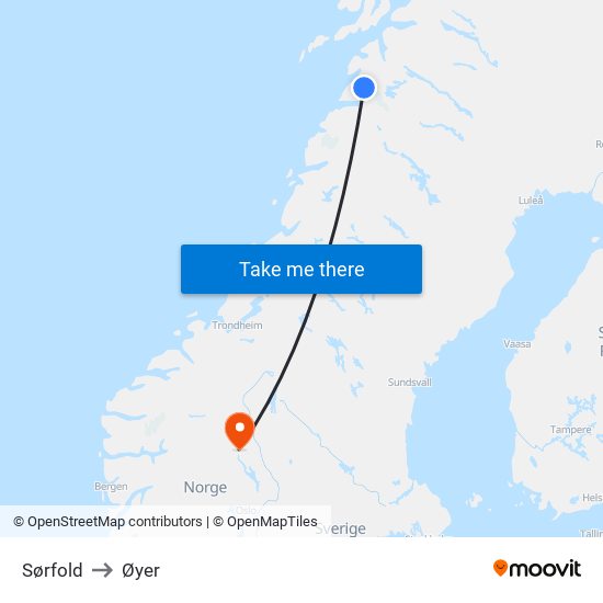 Sørfold to Øyer map