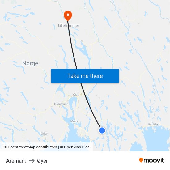 Aremark to Øyer map