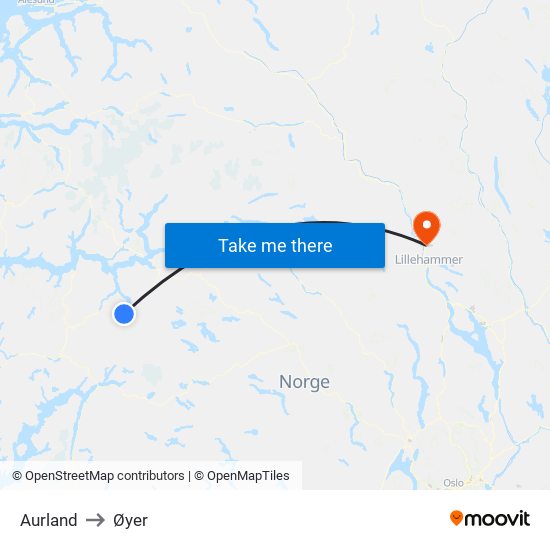 Aurland to Øyer map