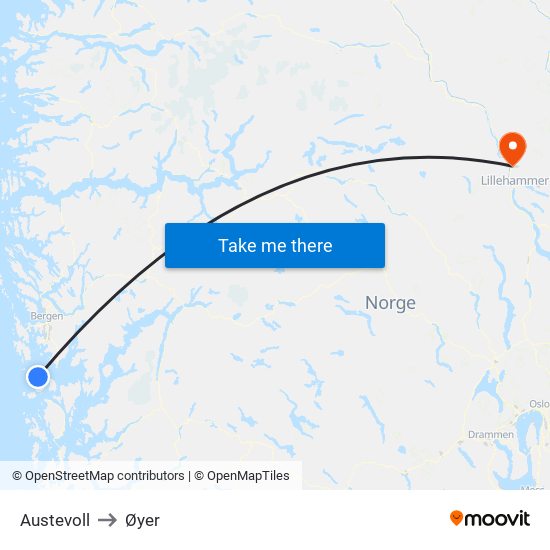 Austevoll to Øyer map