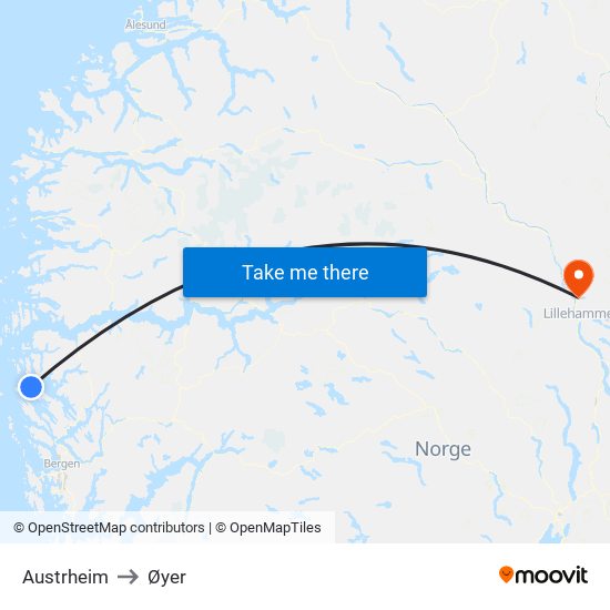 Austrheim to Øyer map