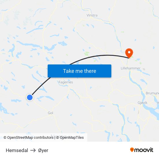 Hemsedal to Øyer map