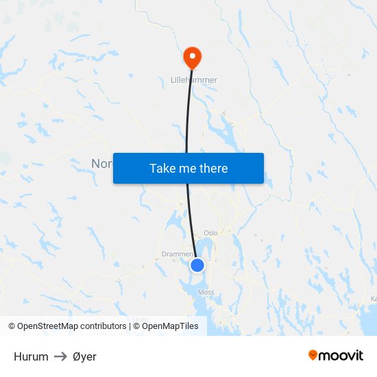 Hurum to Øyer map