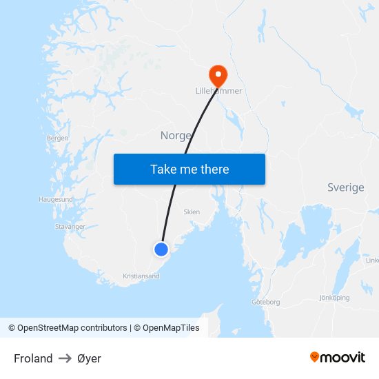 Froland to Øyer map