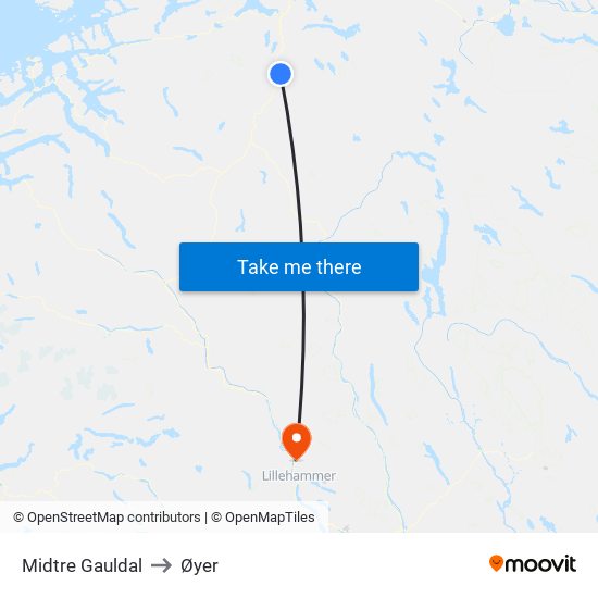 Midtre Gauldal to Øyer map