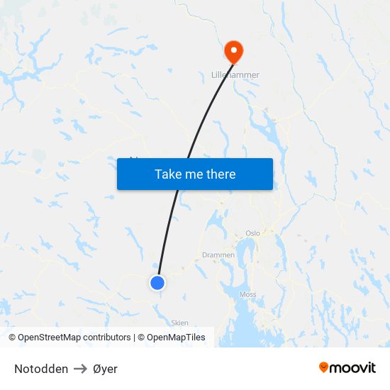 Notodden to Øyer map