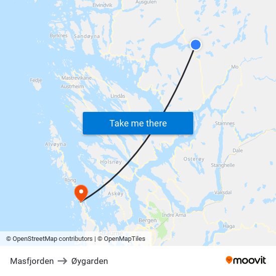 Masfjorden to Øygarden map