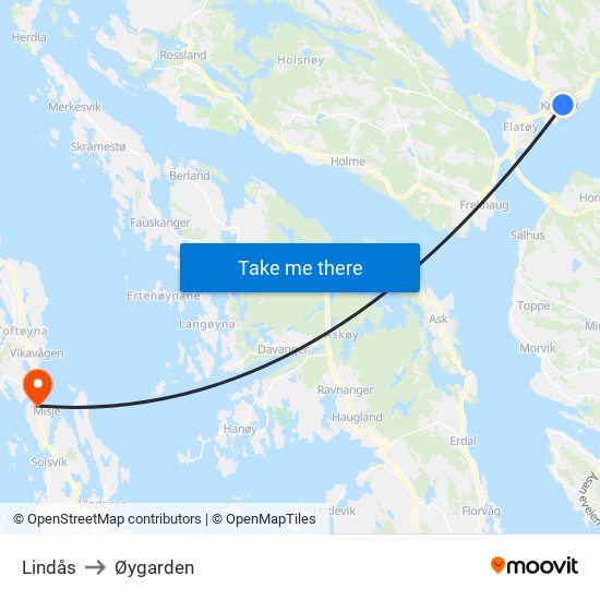 Lindås to Øygarden map