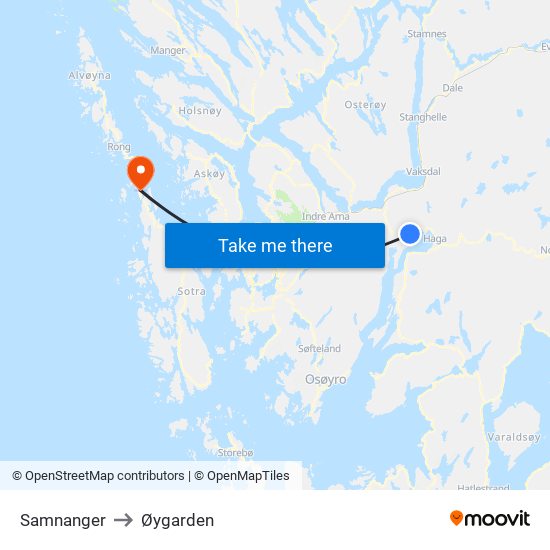 Samnanger to Øygarden map