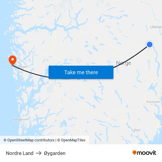 Nordre Land to Øygarden map