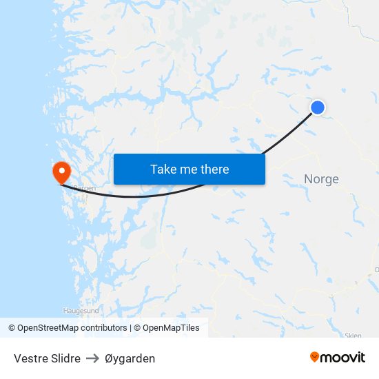 Vestre Slidre to Øygarden map