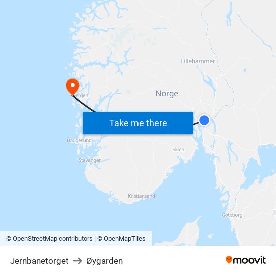 Jernbanetorget to Øygarden map