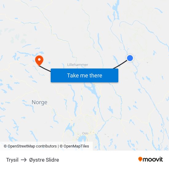 Trysil to Øystre Slidre map