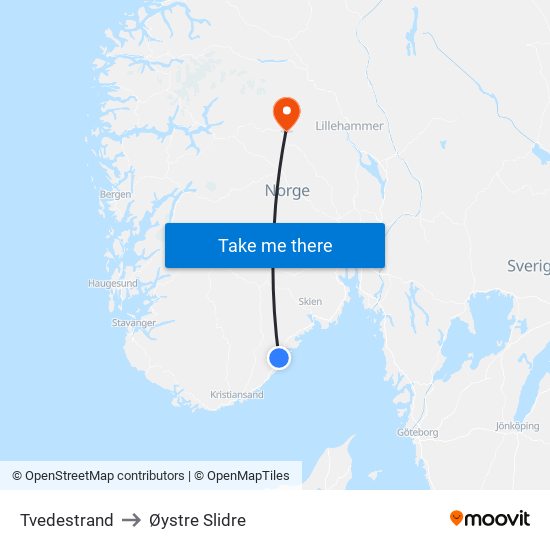 Tvedestrand to Øystre Slidre map