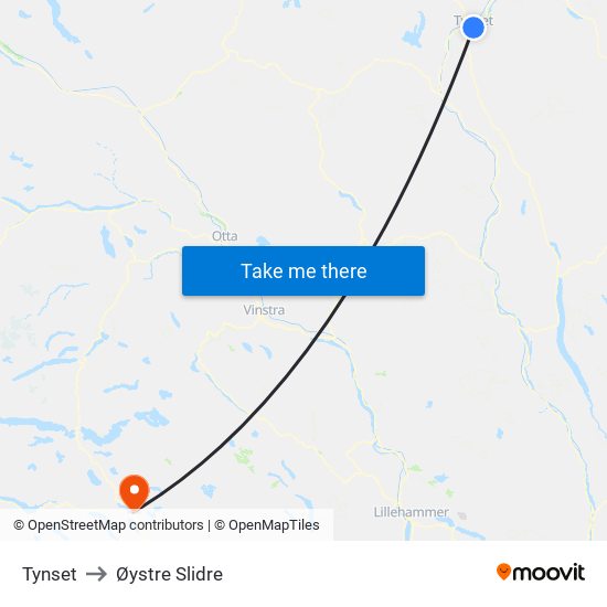 Tynset to Øystre Slidre map