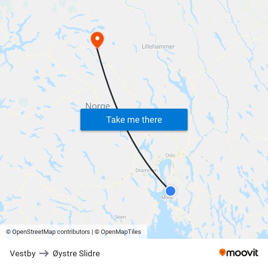 Vestby to Øystre Slidre map