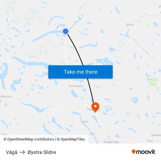 Vågå to Øystre Slidre map