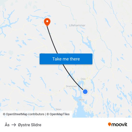 Ås to Øystre Slidre map