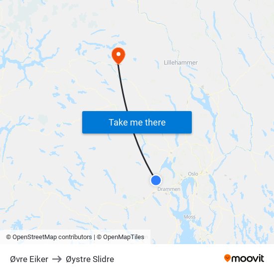 Øvre Eiker to Øystre Slidre map