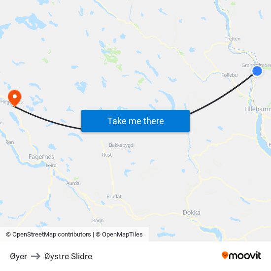 Øyer to Øystre Slidre map