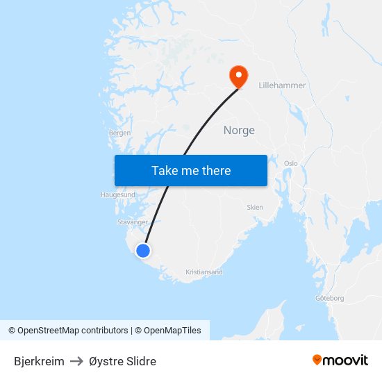 Bjerkreim to Øystre Slidre map