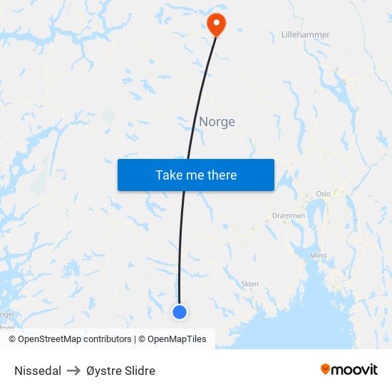 Nissedal to Øystre Slidre map