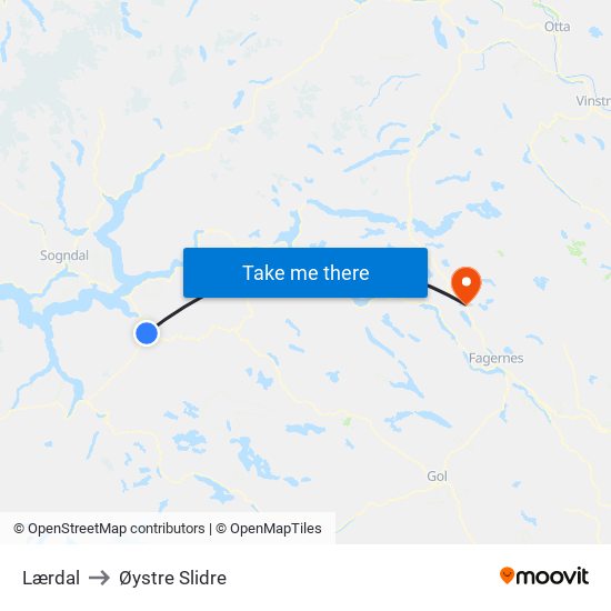 Lærdal to Øystre Slidre map