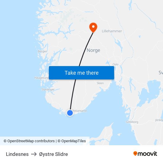 Lindesnes to Øystre Slidre map