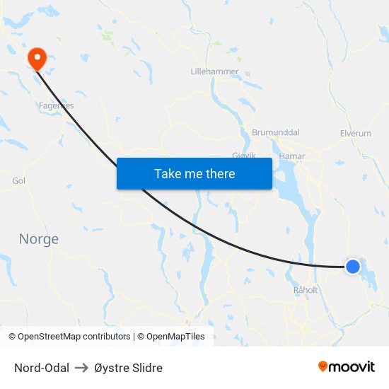 Nord-Odal to Øystre Slidre map