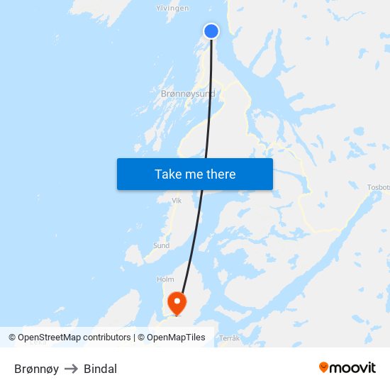 Brønnøy to Bindal map