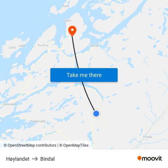 Høylandet to Bindal map