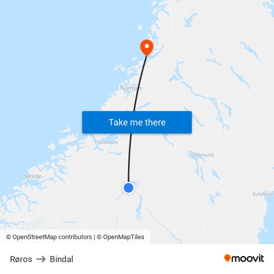 Røros to Bindal map