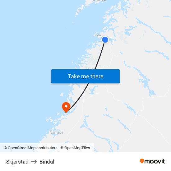 Skjerstad to Bindal map