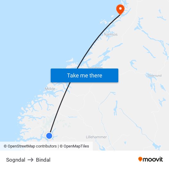 Sogndal to Bindal map