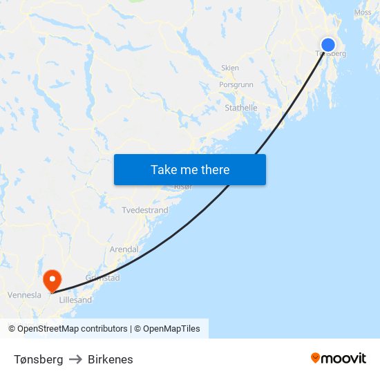 Tønsberg to Birkenes map