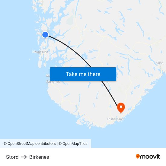 Stord to Birkenes map