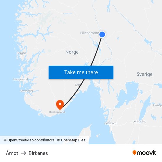 Åmot to Birkenes map