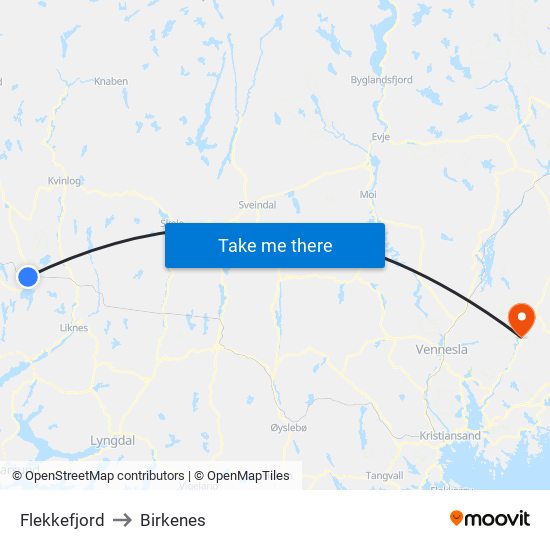 Flekkefjord to Birkenes map