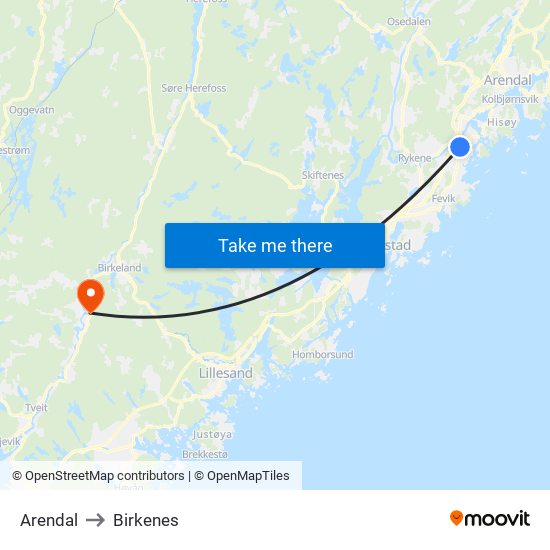 Arendal to Birkenes map