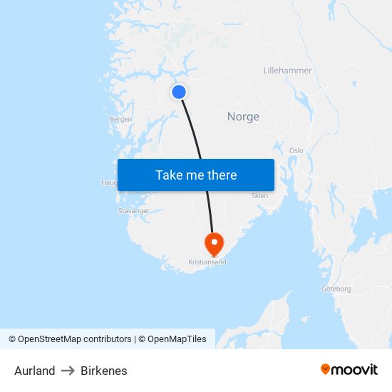 Aurland to Birkenes map