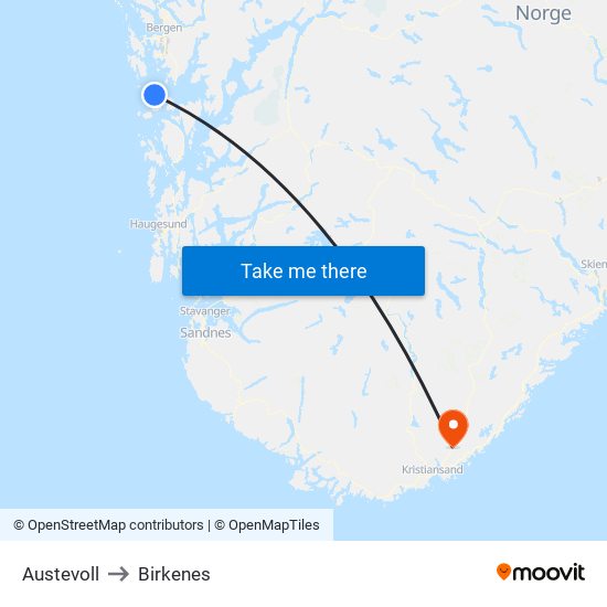 Austevoll to Birkenes map