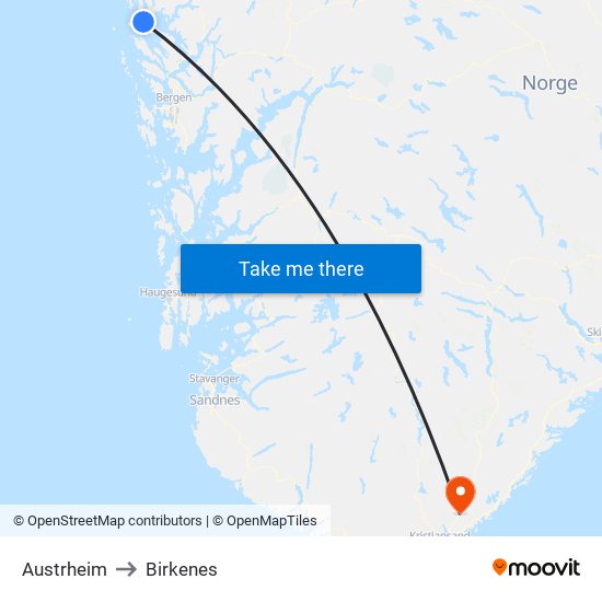 Austrheim to Birkenes map
