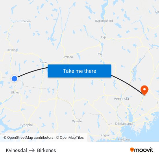 Kvinesdal to Birkenes map